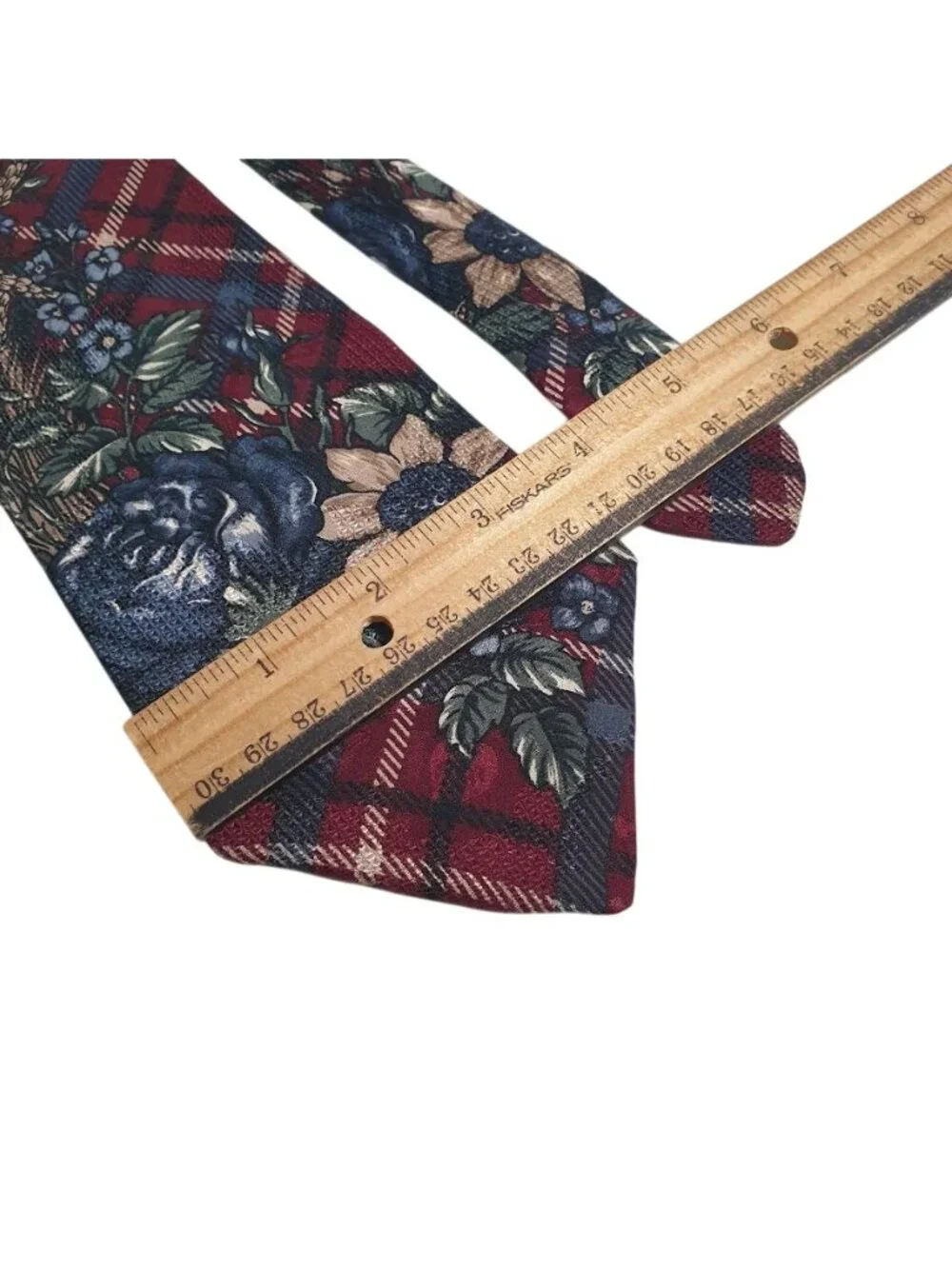 J T Beckett Mens Necktie Red Plaid Floral Motif Polyester Blend Vintage 58 x 3.5